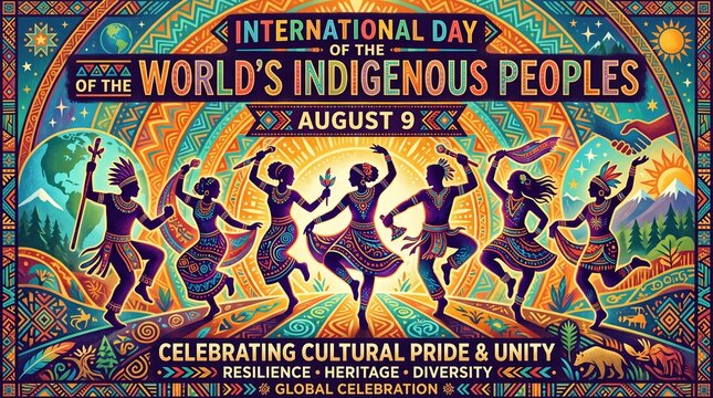 Vibrant poster for the International Day of the World&rsquo;s Indigenous Peoples celebrated on August 9, featuring five dancing figures in traditional attire surrounded by colorful tribal patterns and radia
