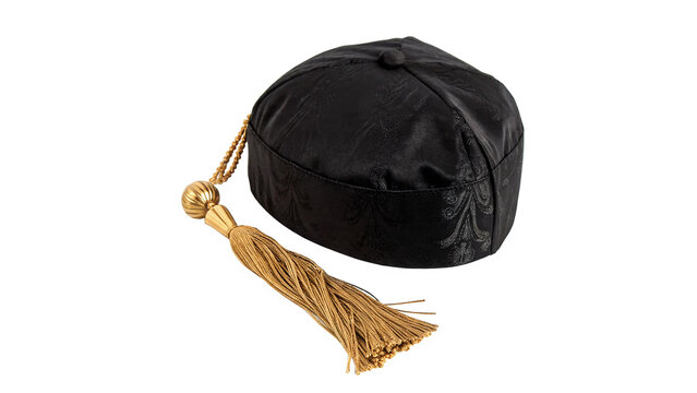 Black graduation cap mortarboard with golden silk tassel isolated on transparent background
