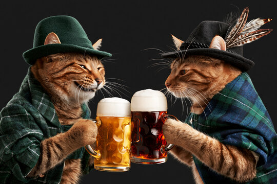 Cats in Bavarian hats clinking beer mugs isolated on black background, Oktoberfest concept