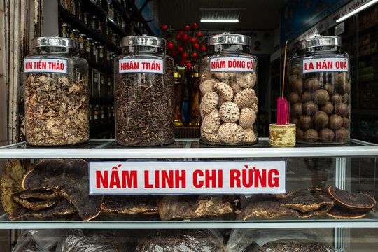 Display of various traditional herbs and mushrooms in glass jars at a local Vietnamese herbalist - horizontal