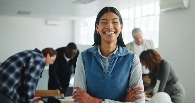 Happy, face or architect in office with arms crossed, project manager or pride as building planner. Meeting, woman or engineer lead with laughing, about us or confidence in infrastructure development