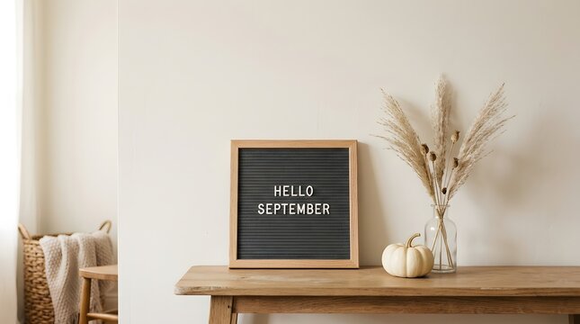 Minimalist home interior decor with a felt letter board saying Hello September and dried pampas grass.