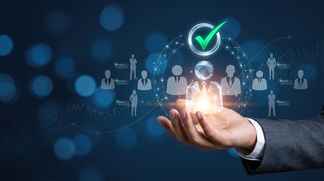 Hand holding glowing hologram of verified candidate with green checkmark, human resources recruitment, selecting best employee or manager from team network, business hiring