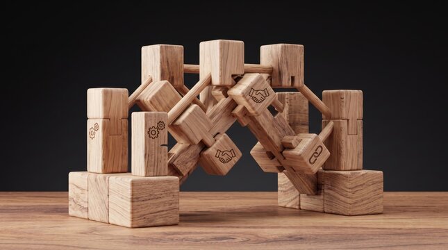 Wooden building blocks arranged in a bridge structure with engraved icons of gears, handshakes and links, symbolizing partnership, connection and structural engineering