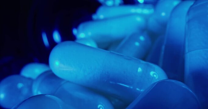 Slow motion close up of medical capsules spilling from bottle on conveyor belt in production, macro probe lens.