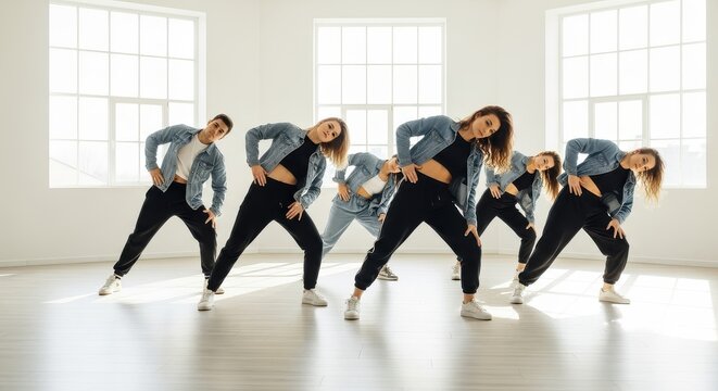 Group of Young Professional Dancers Performing Synchronized Hip Hop Routine in Bright White Studio
