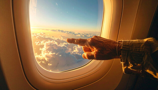 Finger Pointing to the Heavens: An elder's weathered hand points towards the vast expanse of sky and clouds seen through an airplane window, illuminated by the golden rays of dawn or dusk.