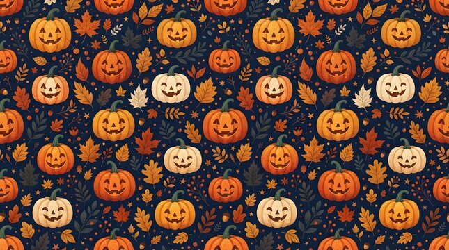 Seamless halloween pattern with jackolanterns and autumn leaves