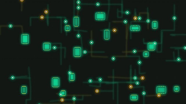Cyberpunk style circuit board with glowing components on dark tech background