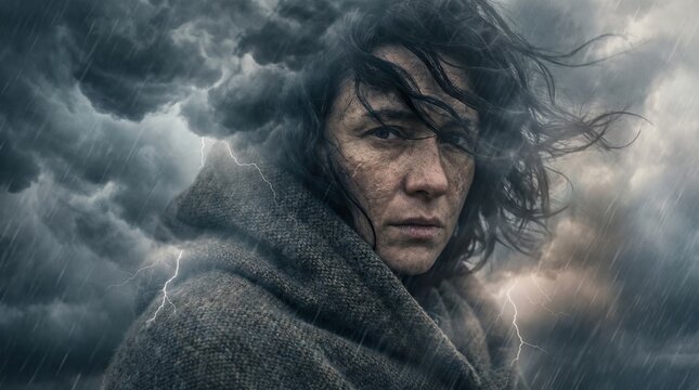 Portrait of a man in a hood against a dark stormy sky with lightning