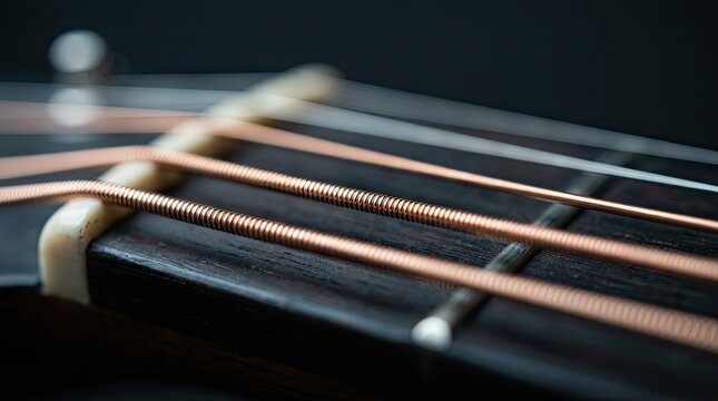 Guitar Strings Close Up on Fretboard with Shallow Depth of Field
