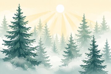 Fototapeta premium 霧深い針葉樹林に朝日が差し込む神秘的な森の風景イラスト