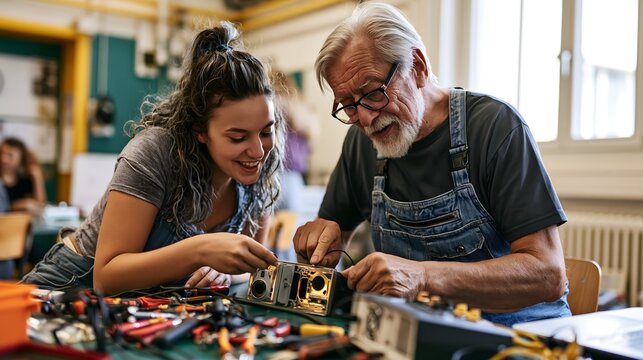 Junge Frau und Senior reparieren gemeinsam ein elektronisches Ger&auml;t
