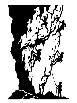 Silhouette of Several Rock Climbers Scaling a Steep Mountain Cliff
