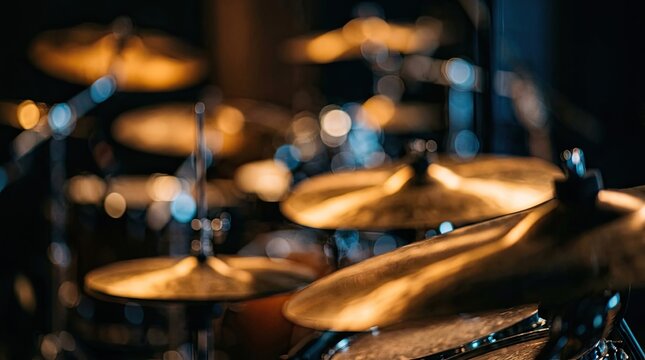 Blurred Drum Cymbals with Golden Hues and Bokeh Lights, Music Performance