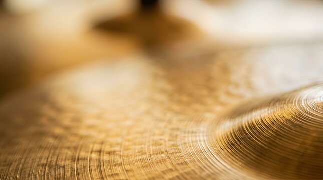 Close-up of a golden brass cymbal surface with circular grooves, musical instrument texture