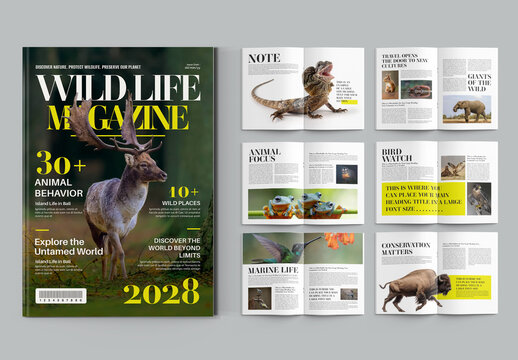 Wildlife Magazine Template with Nature Editorial Cover and Animal Conservation Layout
