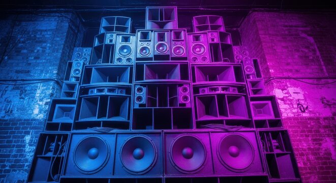 Professional Sound System Wall with Large Speakers and Subwoofers in Industrial Club with Blue and Purple Neon Lights