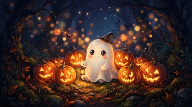 A cute little ghost sitting among glowing jack o lanterns in a dark magical forest for a perfect festive halloween wallpaper background for your screen