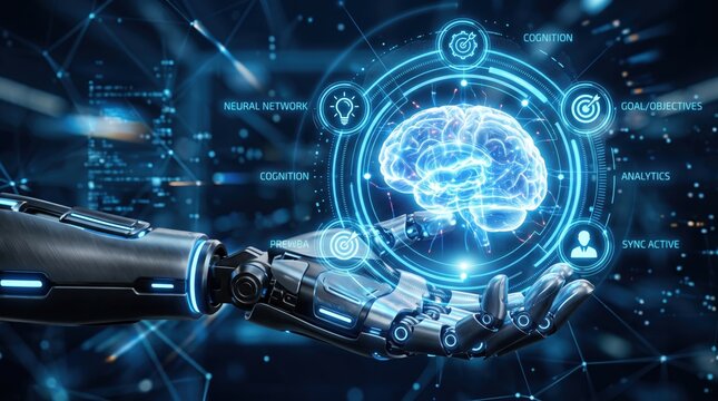 Futuristic robotic hand holding glowing digital brain with neural network connections, artificial intelligence and machine learning technology concept illustration