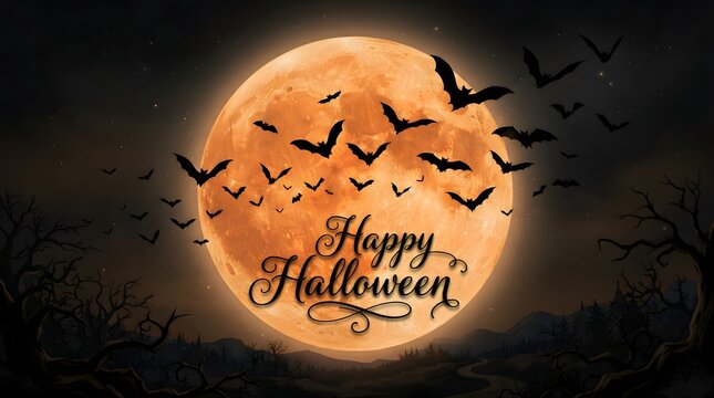A spooky dark night sky featuring a glowing full moon with flying bats and a festive text greeting perfect for a creative halloween wallpaper design