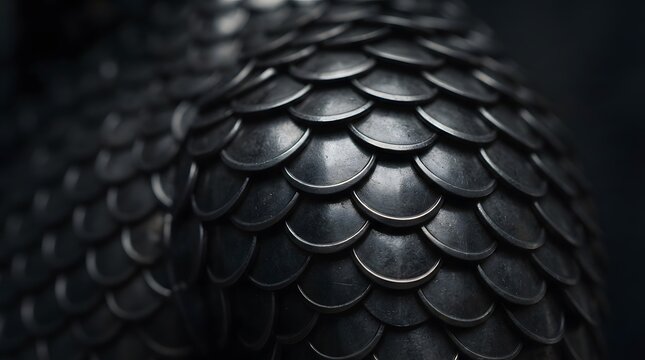 Closeup of dark metallic dragon scale armor