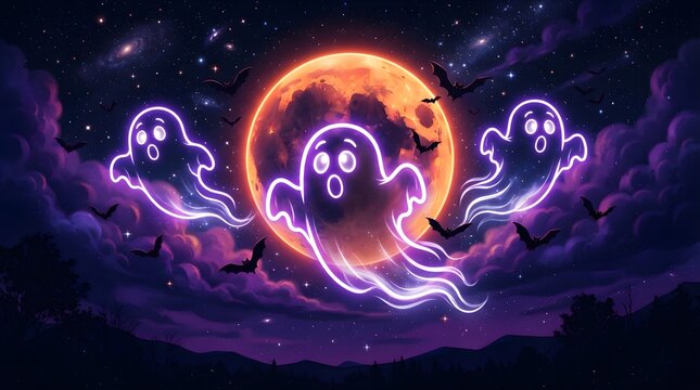 A vibrant digital art illustration featuring glowing purple ghosts floating in front of a large orange moon perfect for a spooky festive halloween wallpaper background