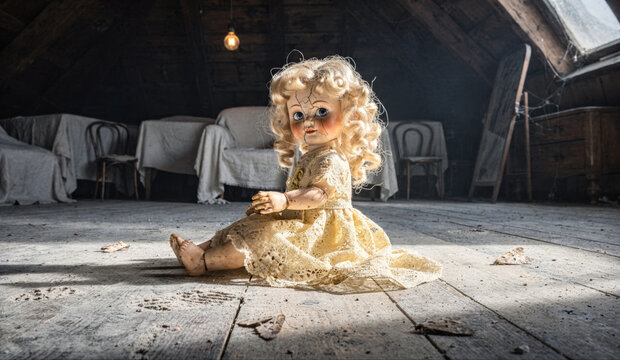 Cracked Antique Doll Sitting Alone in Haunted Attic