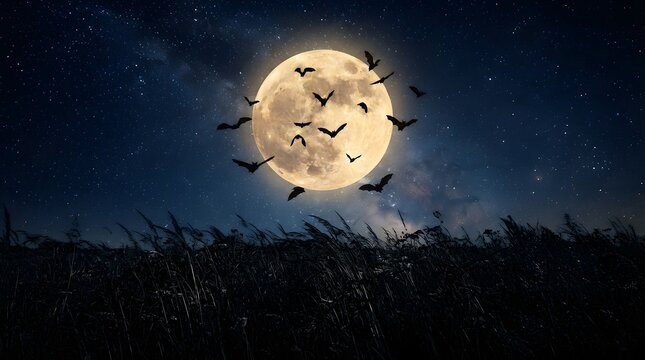 A spooky halloween wallpaper featuring a large bright full moon in the dark night sky with silhouettes of flying bats over a mysterious forest landscape
