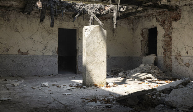 Abandoned Building Interior with Collapsed Roof and Rubble