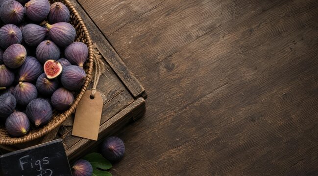 Fresh purple figs in woven basket on wooden counter