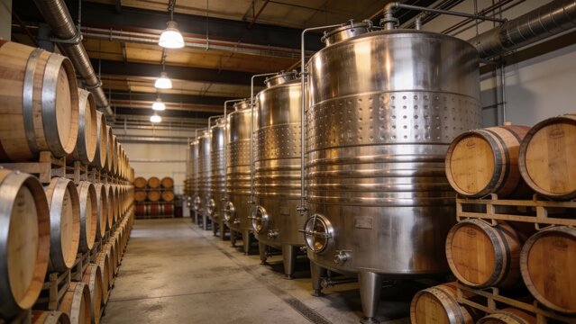 Contemporary wine production facility featuring steel fermenters and wooden barrels in organized cellar.