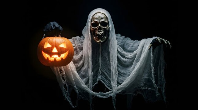 A spooky ghost figure holding a glowing jack o lantern in the dark perfect for a high quality scary halloween wallpaper for your digital desktop