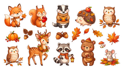 Obraz premium Adorable forest animals with autumn elements isolated on transparent background