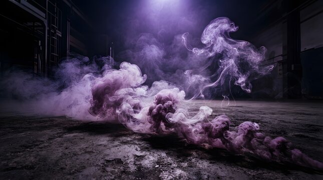 A mysterious and dark halloween wallpaper featuring a spooky figure running through thick purple smoke in a desolate industrial setting with moody atmospheric lighting effects