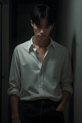 Obraz premium Mysterious Handsome Young Man Wearing Black Eyemask White Shirt Suspenders Dark Trousers Standing Studio Portrait Dramatic Lighting Masked Hero Character Fashion Stock Photo