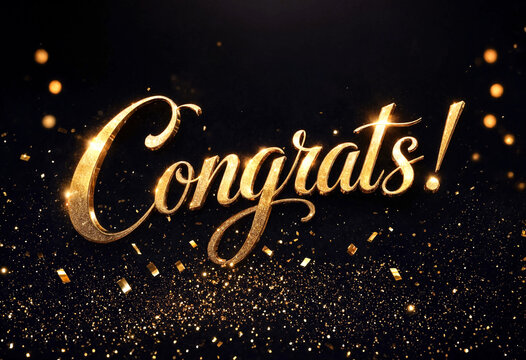Golden glittery congrats text with sparkling confetti and elegant calligraphy style design