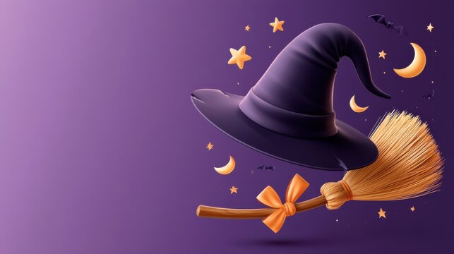 Floating witch hat and broomstick on purple background with stars and moons