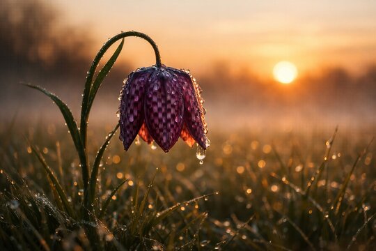 Serene photograph of a Fritillaria meleagris with a purple checkered pattern covered in rainwater. Bell-shaped flower nodding in a grassy field at sunset