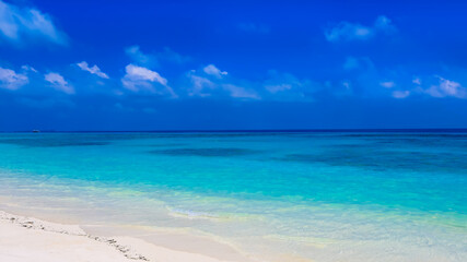 Fototapeta premium The background for summer vacation concept with the nature of clear water sea beach and summer with sunlight, sandy beach as The sparkling sea water contrasts with the blue sky