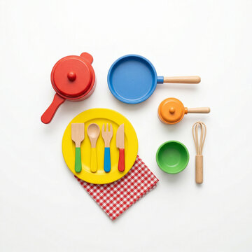 Colorful toy kitchen utensils on checkered napkin background  