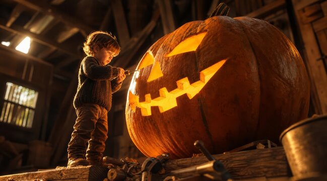 Child carving giant pumpkin