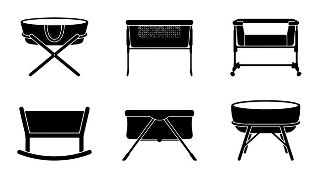 Baby Bassinet Icons, Newborn Cradle Silhouettes, Infant Bed Vector Set, Nursery Furniture Graphics