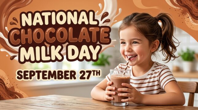 Young girl enjoying a glass of chocolate milk with celebratory text and swirling brown background child kid beverage drink dairy sweet dessert