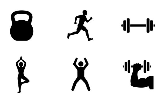 Fitness Icons Set: Kettlebell, Runner, Dumbbell, Yoga Pose, Jumping Jack, Bicep Curl