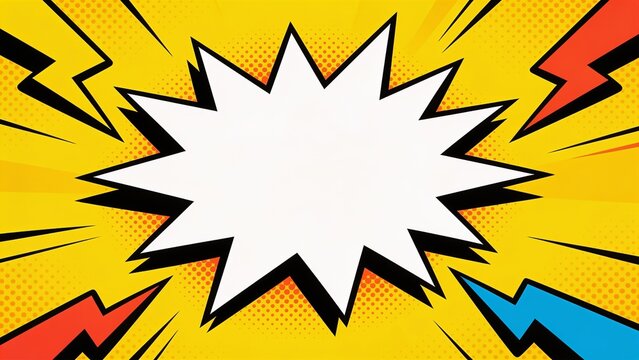 Comic book explosion graphic with a white blank speech bubble centered on a vibrant pop art background featuring radiating yellow sunbeams and bold red accents, perfect for comics, posters, banners, a