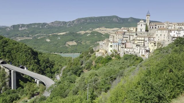 Panoramic view of Colledimezzo, a small town in the mountains of Abruzzo, Italy.