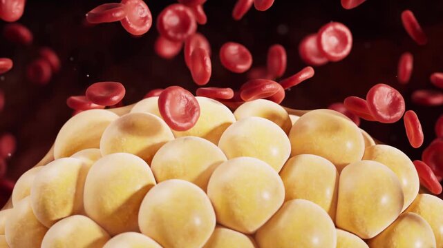 Red Blood Cells Flowing Around Fat Cells Medical 3D Animation