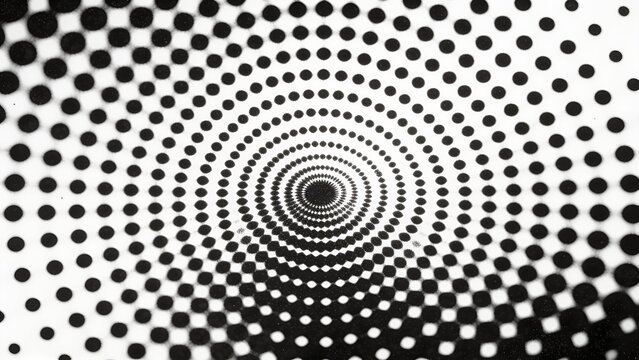 Abstract black and white Op art pattern featuring concentric dotted circles that create a mesmerizing illusion of motion, depth, and swirling energy, making a striking geometric background for modern 