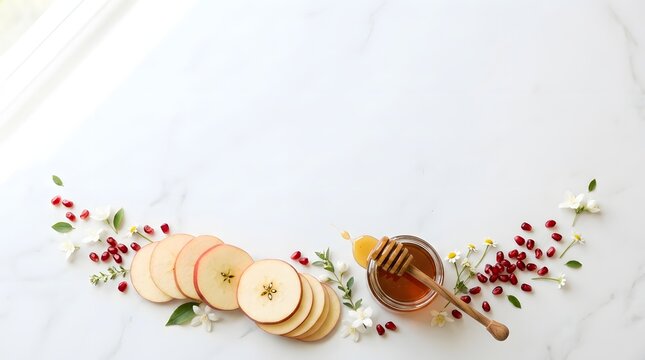 Fresh apple slices with honey and pomegranate seeds on a white marble background, perfect for Rosh Hashanah greeting 